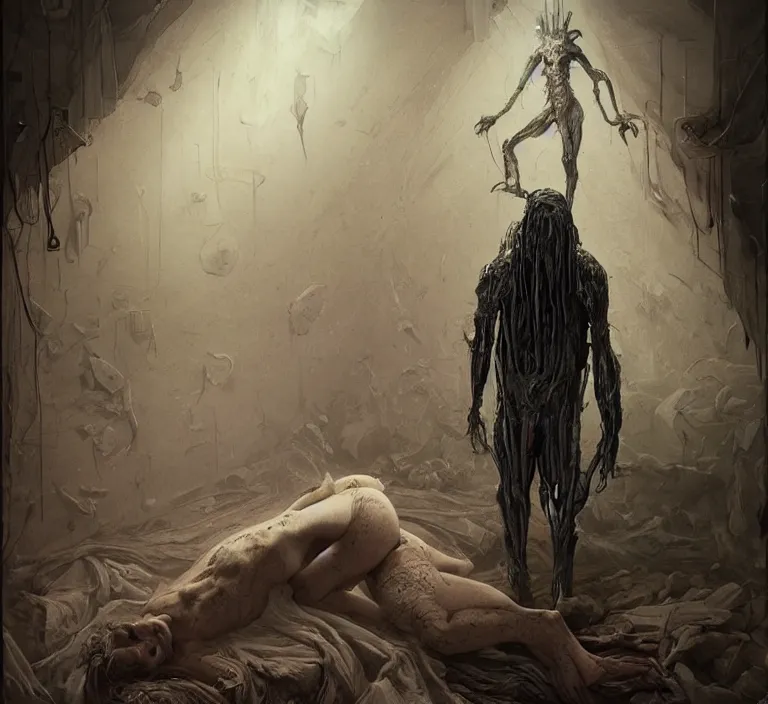 Image similar to dream portrait of a sleep paralysis demon standing over a person sleeping in bed in a dark ancient attic room,full character, melting ,8k,by tristan eaton,Stanley Artgermm,Tom Bagshaw,Greg Rutkowski,Carne Griffiths, Ayami Kojima, Beksinski, Giger,trending on DeviantArt,face enhance,hyper detailed,minimalist,cybernetic, android, blade runner,full of colour