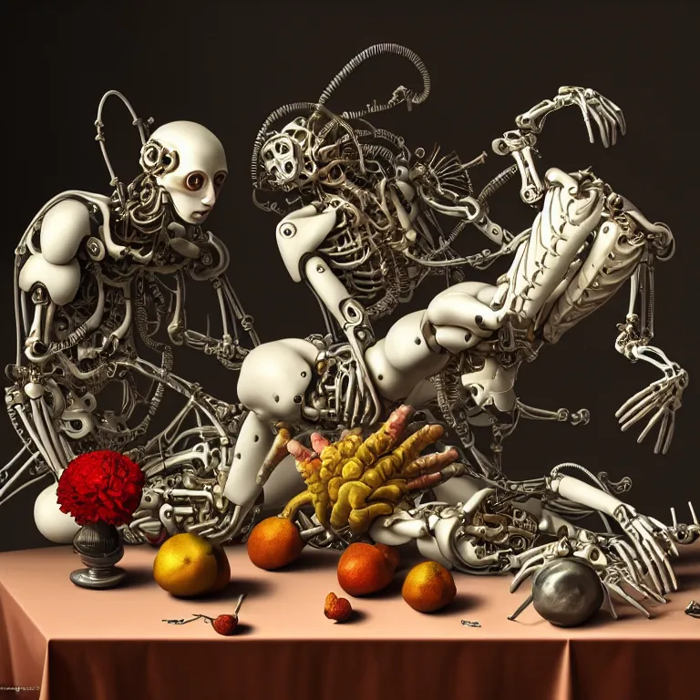 Prompt: still life of two biomechanical cyborg male lovers laying on a table, pastel flowers on a table, surreal alien ribbed pastel fruit, white human spine, baroque painting, beautiful detailed intricate insanely detailed octane render trending on Artstation, 8K artistic photography, photorealistic, chiaroscuro, Raphael, Caravaggio