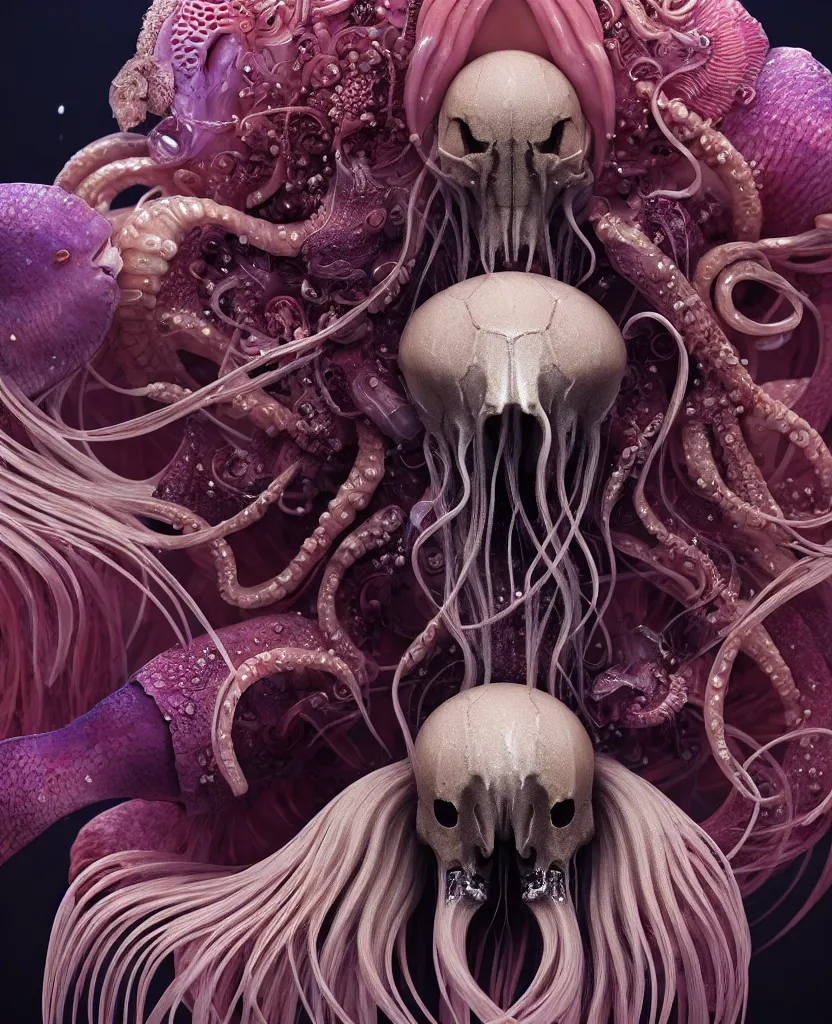 Image similar to goddess close-up portrait ram skull. jellyfish phoenix head, nautilus, orchid, skull, betta fish, bioluminiscent creatures, intricate artwork by Tooth Wu and wlop and beeple. octane render, trending on artstation, greg rutkowski very coherent symmetrical artwork. cinematic, hyper realism, high detail, octane render, 8k