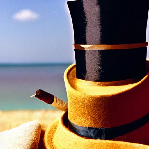 Prompt: the godfather wears a top hat and smiles and smokes a cigar and the top hat is burning. 5 0 mm, cinematic, technicolor close up on his face. sea and beach and a sandcastle in the background.