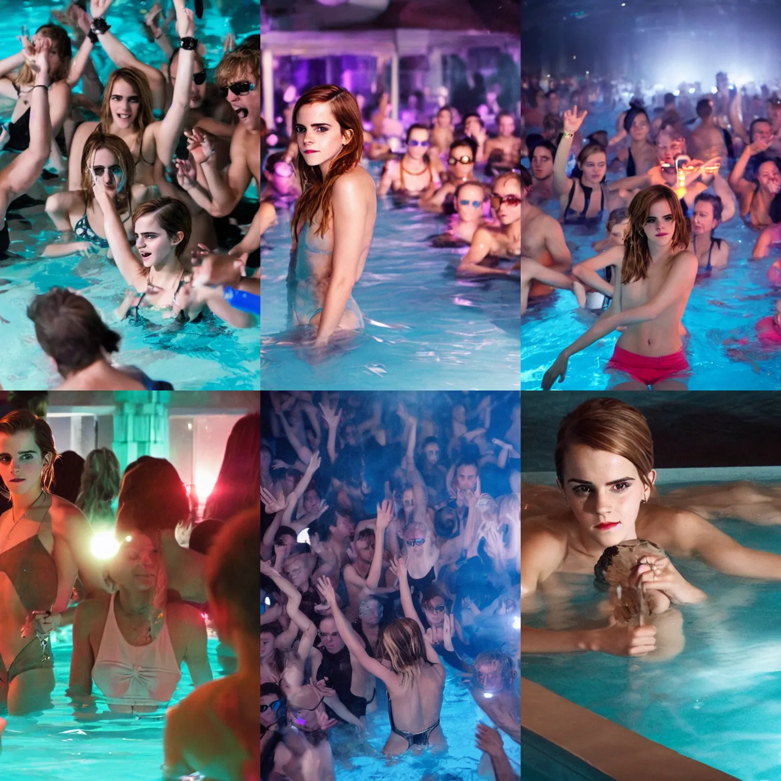 Prompt: A photo of Emma Watson in a pool party filled with people in a modern indoors pool with cyberpunk illumination at night .