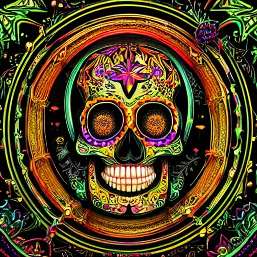 Prompt: a highly detailed photographic render of intricately carved sugar skull, psychedelic, black background, neon light, intricate ornament, gilding, horror, dark fantasy, beautifully lit, ray traced, octane 3D render in the style of Gerald Brom and James Gurney, sharp focus, HD, 8k