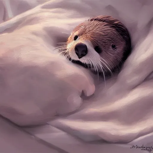 Image similar to a cute otter sleeping with blankets. soft, atmospheric, warm lighting. highly detailed digital painting by mandy jurgens.