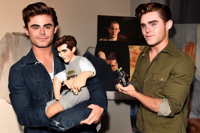 Prompt: studio lit zac efron holding a tom holland doll in one hand and a robert pattison doll in his other hand, zac efron looking at the camera very confused