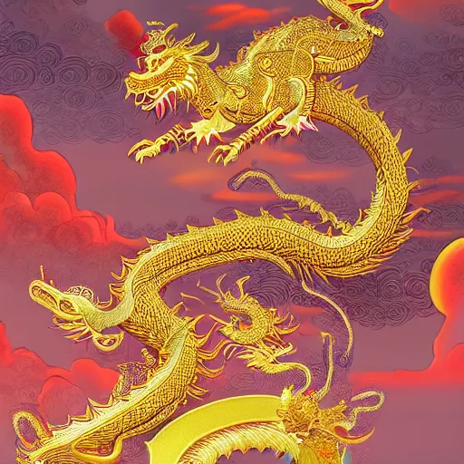 Prompt: golden paper + an intricate chinese dragon in the clouds depiction + elaborate red illustration by wu daozi, tang yin, qiu ying, very detailed, deviantart, 8 k vertical wallpaper, tropical, colorful, airy, anime illustration, anime nature