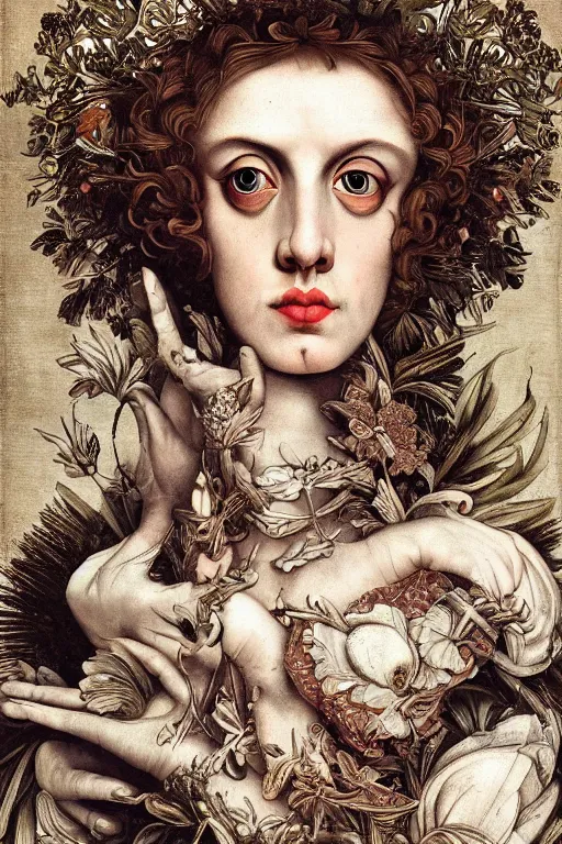 Prompt: Detailed maximalist portrait a Greek god with large lips and with large white eyes, exasperated expression, botany bones, HD mixed media collage, highly detailed and intricate, surreal illustration in the style of Caravaggio, dark art, baroque