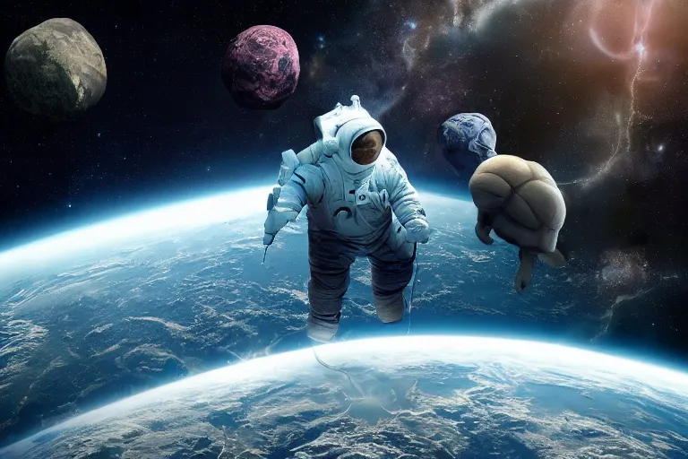 Image similar to still fullbody photo of sad albert einstein in spacesuit in space, flat earth on elephants and turtle at background, highly detailed, photorealistic shot, bright studio setting, studio lighting, crisp quality and light reflections, unreal engine 5 quality render