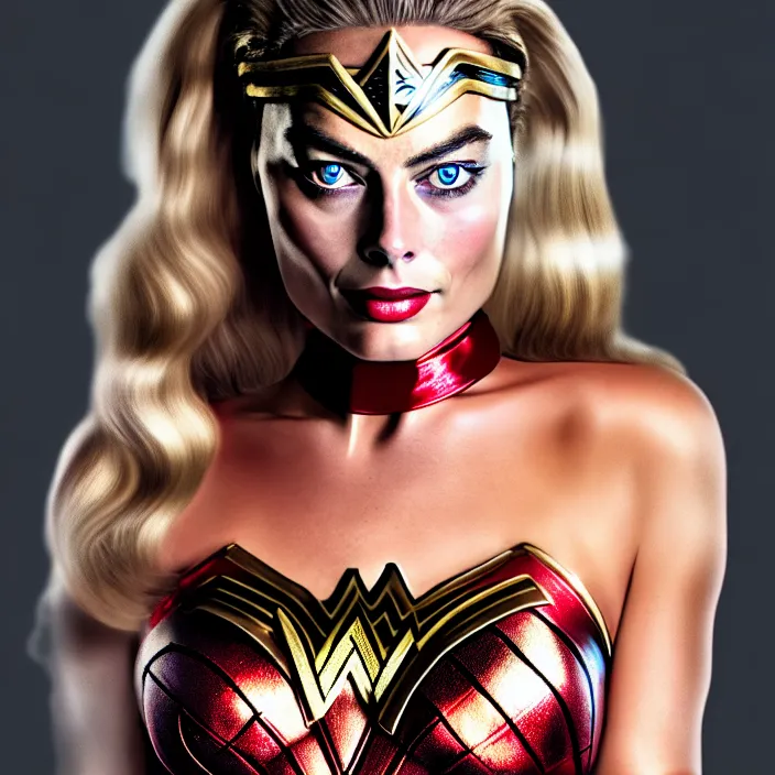 Image similar to full length portrait photograph of a margot robbie as wonder woman, Extremely detailed. 8k