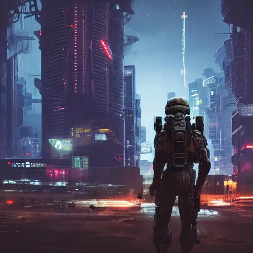 Image similar to close view matte painting of a modern soldier in halo helmet, holding machine gun in right hand, cyberpunk city and huge mechanical bridges on the background, rainy night, neon glow, concept art, smooth, sharp focus, cyberpunk 2077, neuromancer, scifi, photorealistic, octane render, 8k