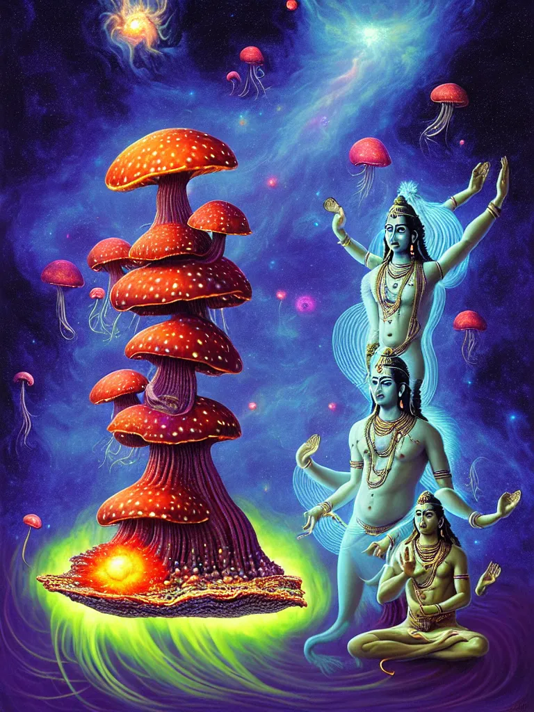 Prompt: portrait of shiva and vishnu, extremely beautiful floating and merging among many nebula stars with lots of gigantic mushrooms and jellyfish, symmetrical composition, by gediminas pranckevicius, rafal olbinski, rob gonsalves, peter gric, digital painting, octane rendered, crepuscular rays, neon colors vibrant colors, trending on artstation