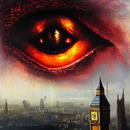 Image similar to eye of sauron looks over london by raymond swanland, highly detailed, bright tones