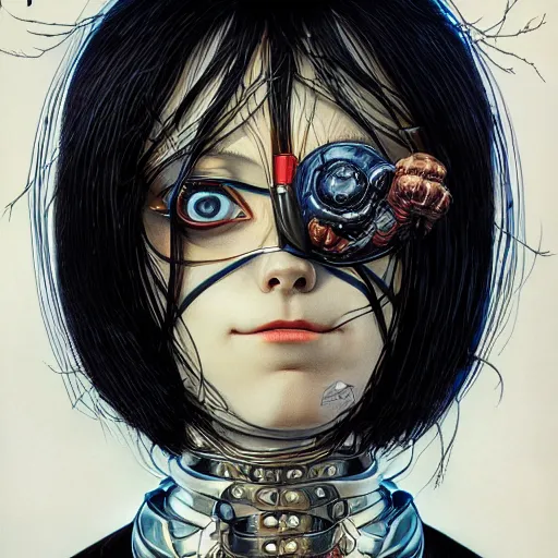 Image similar to portrait of crazy alita, symmetrical, by yoichi hatakenaka, masamune shirow, josan gonzales and dan mumford, ayami kojima, takato yamamoto, barclay shaw, karol bak, yukito kishiro