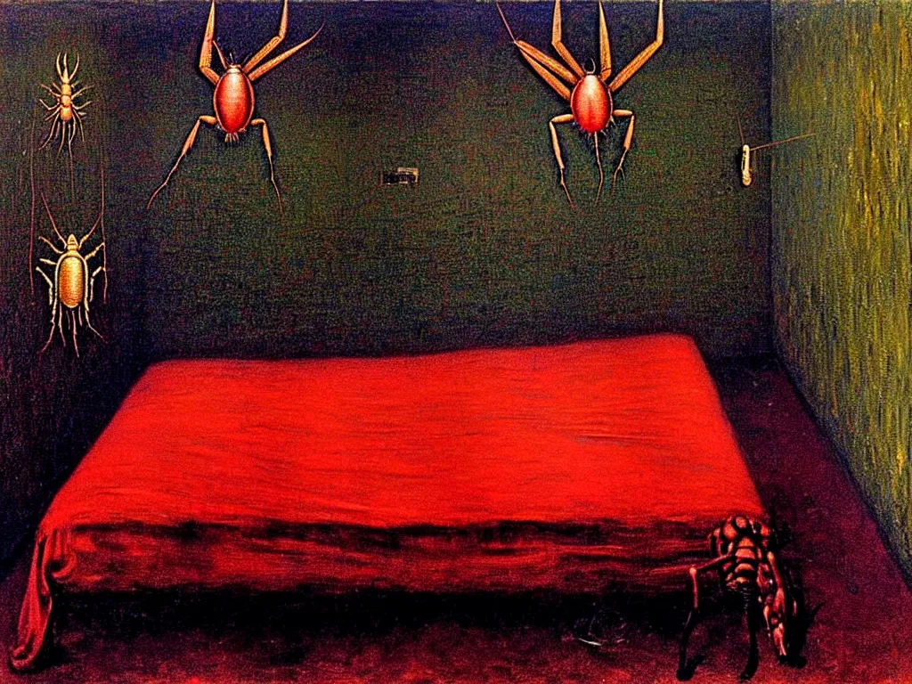 Prompt: a big cockroach sleeping in a bed in an old soviet apartment bedroom, neo - gothic, gothic, rich deep colors. beksinski painting, from a movie by david cronenberg. art by francis bacon. masterpiece. realistic detailed image