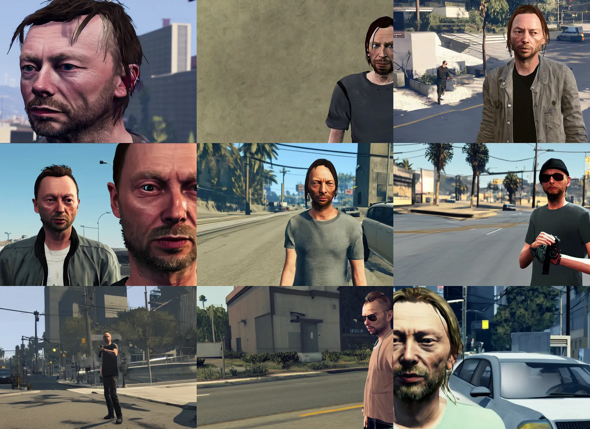 Prompt: thom yorke in gta v, gaming, screenshot, detailed, high quality