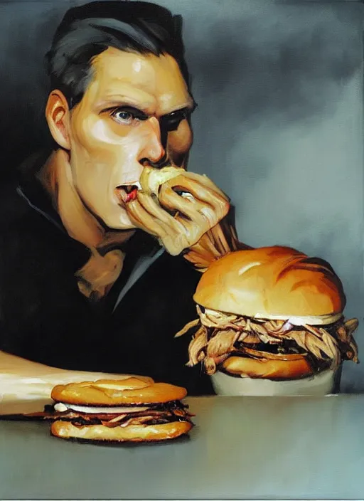 Image similar to jerma eating chicken sandwich, eyes watering painting by phil hale, fransico goya,'action lines '!!!, graphic style, visible brushstrokes, motion blur, blurry, visible paint texture, crisp hd image