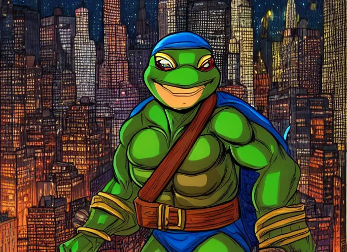 Image similar to highly detailed cell shaded image of the ninja turtle raphael vigilantly watching over a beautiful new york city skyline at night. vivid color. trending on artstation