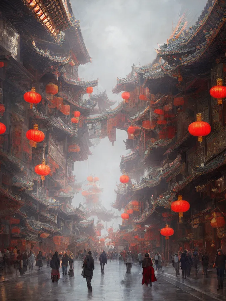 Image similar to epic scenery of a shopping street in the Chinese imperial city, intricate, elegant, volumetric lighting, digital painting, highly detailed, artstation, sharp focus, illustration, concept art, ruan jia, steve mccurry