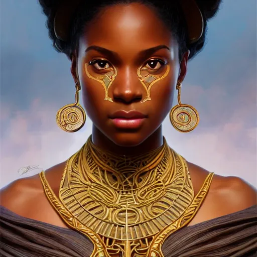 Image similar to portrait of an african american goddess, half body, perfect face, intricate, elegant, highly detailed, digital painting, artstation, concept art, smooth, sharp focus, illustration, art by artgerm and greg rutkowski and alphonse mucha