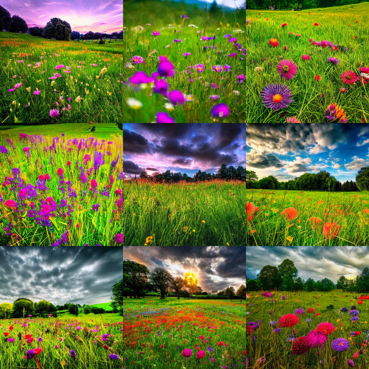 Prompt: a wide angle photograph of a meadow full of colourful flowers, green grass, intricate detail, cinematic lighting, DSLR