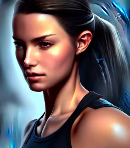 Prompt: beautiful portrait of a gorgeous personal trainer who looks like Tomb Raider , character design by charlie bowater, ross tran, artgerm, and makoto shinkai, detailed, soft lighting, rendered in octane
