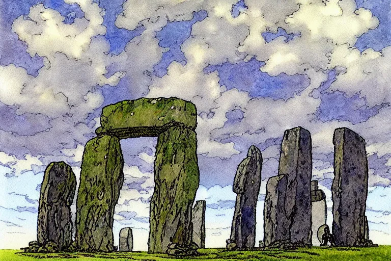 Image similar to hyperrealist studio ghibli watercolor fantasy concept art of a 1 0 0 ft. giant druid sitting on stonehenge. it is a misty starry night. by rebecca guay, michael kaluta, charles vess