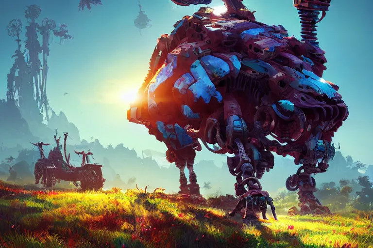 Image similar to clamberjaw machine mecanical creature robot of horizon forbidden west horizon zero dawn radiating a glowing aura global illumination ray tracing hdr fanart arstation by ian pesty and alena aenami artworks in 4 k