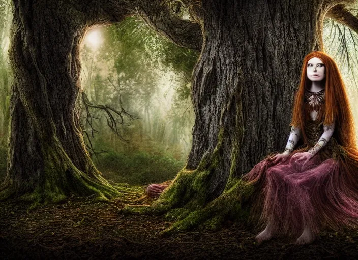 Image similar to a portrait of a real woman growing out of a tree in a magical forest. Fantasy magic horror style. Highly detailed 8k. Intricate. Nikon d850 55mm. Award winning photography.