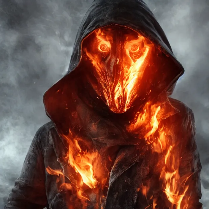 Image similar to gritty apocalyptic hooded man smiling with burning heart in chest, octane render, 4 k ultra hd, hyper - detailed, seedy lighting, sharp focus, fantasy dark art