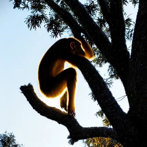 Image similar to rim light around fur of an ape on a tree, silhoutte, dim light, golden hour, tree top, dslr award winning photo, nikon