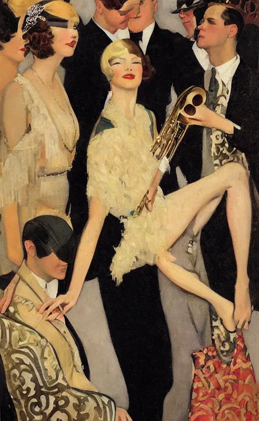 Image similar to an oil painting depicting high society life in the Jazz Age, Fitzgerald, 1920s style, The Great Gatsby, smooth, by Francis Coates Jones, Coles Phillips, Dean Cornwell, JC Leyendecker