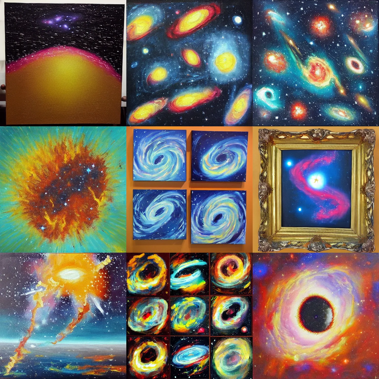 Prompt: “nine paintings of a galaxy exploding”