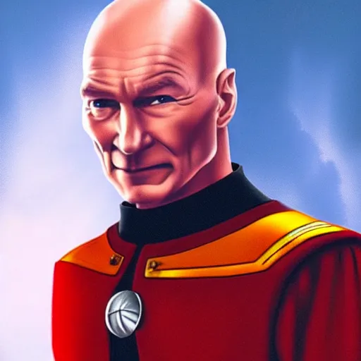 Prompt: captain picard with long hair on his head, hyperrealistic, dynamic lighting