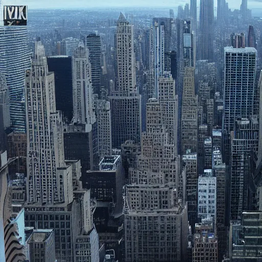 Prompt: an army of giant godzillas seen in the distance from the top of a skyscraper in new york, shot by christopher nolan, 4k, futuristic, cinematography