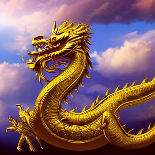 Prompt: 'a golden Chinese dragon on the sky with clouds around, 4k, unrealistic'