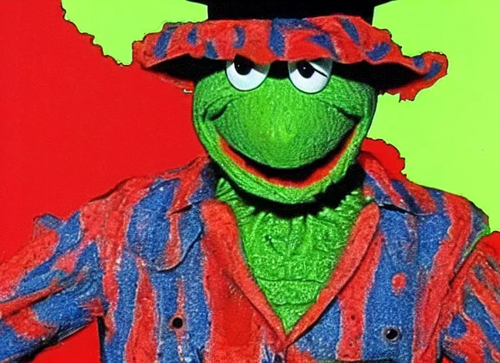 Image similar to freddy krueger as kermit the frog, happy face. long shot, colourful, happy colors, by hermann nitsch and hermann nitsch, high detail