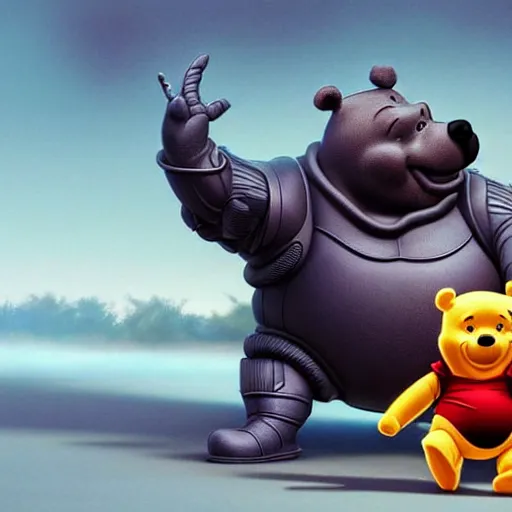 Image similar to xi jinping : : polished evil cyborg dictator winnie the pooh : : weta pixar movie still photo : : hi - fructose, sci fi decadent highly - detailed digital painting, golden ratio, octane render, artstation, smooth, sharp focus, scott robertson, artgerm, mucha, loish, wlop : :