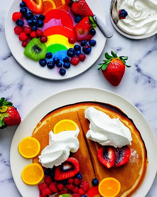 Image similar to realistic photo of delicious rainbow pancakes with fruits, whipped cream, white kitchen table, cloth, marble, highly detailed, by louise lister, sara ali, mary devinat, kailee mandel, sharp focus!!, masterpiece, award winning, elegant, instagram, high quality food photography