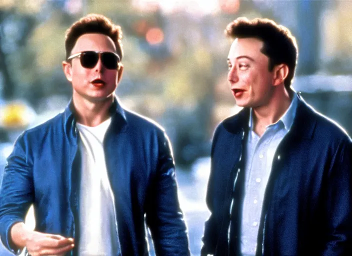 Image similar to film still of elon musk and jeff bezos falling in love in when harry met sally, 4 k