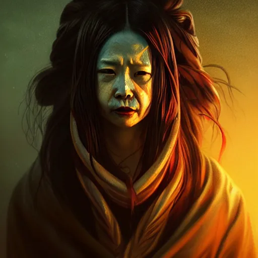 Image similar to horrifying creepy futakuchi - onna portrait, atmospheric lighting, painted, menacing, intricate, volumetric lighting, beautiful, rich deep colours masterpiece, golden hour, sharp focus, ultra detailed, by leesha hannigan, ross tran, thierry doizon, kai carpenter, ignacio fernandez rios