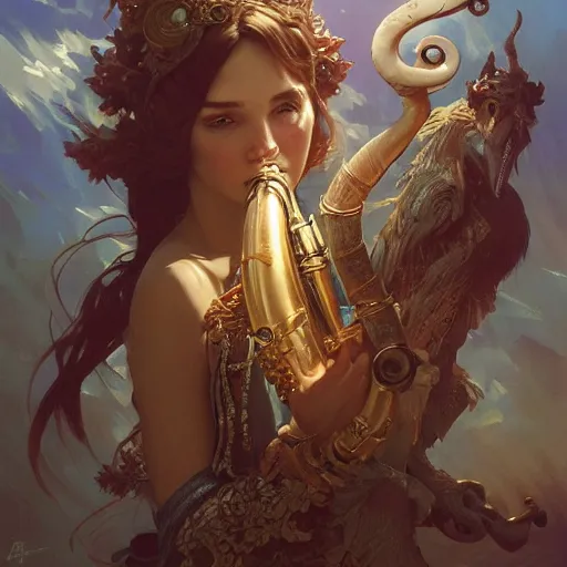 Image similar to a strange blowing horn, d & d, fantasy, intricate, elegant, highly detailed, digital painting, artstation, concept art, smooth, sharp focus, illustration, art by artgerm and greg rutkowski and alphonse mucha