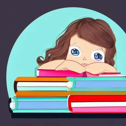 Image similar to a cute little girl with a round cherubic face, blue eyes, and short wavy light brown hair sitting on top of a stack of books. beautiful cartoon painting with flat colors and highly detailed face, outlining, children's storybook