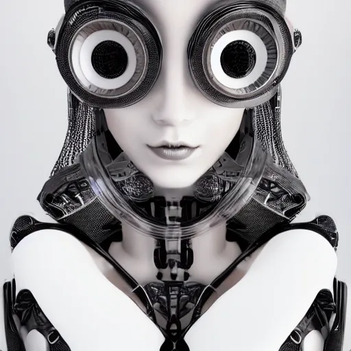 Image similar to beautiful centered fine art photo portrait of romantic beautiful girl as a solarpunk robotic humanoid, black mechanical parts with led lights, pudica pose, photorealistic, white background, highly detailed and intricate, soft box lighting, hdr 8 k