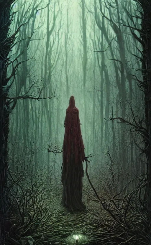 Image similar to a witch in an ominous forest, cinematic lighting, at night, highly detailed, symmetric, concept art, masterpiece, fantasy art, hyperdetailed, hyperrealism, saturated colors, art by zdzistaw beksinski, arthur rackham, dariusz zawadzki, larry elmore