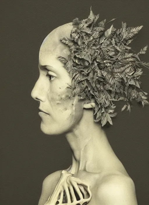 Image similar to a woman's face in profile, made of foliage skeleton, in the style of the Dutch masters and Gregory Crewdson, dark and moody