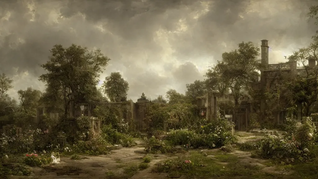 Prompt: the secret garden is barren. the hidden garden is barren. private barren garden. overcast. no flowers. weeds, sticks. andreas achenbach, artgerm, mikko lagerstedt, zack snyder, tokujin yoshioka