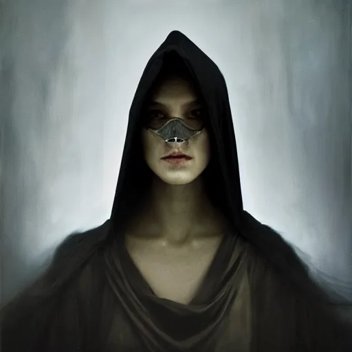 Image similar to a portrait of a young woman wearing a long dark cloak, hood and shadows covering face, anatomically correct, beautiful perfect face, enigmatic, oil painting, matte painting, black background, Volumetric Golden dappled dynamic lighting, Highly Detailed, Cinematic Lighting, Unreal Engine, 8k, HD, by Beksinski