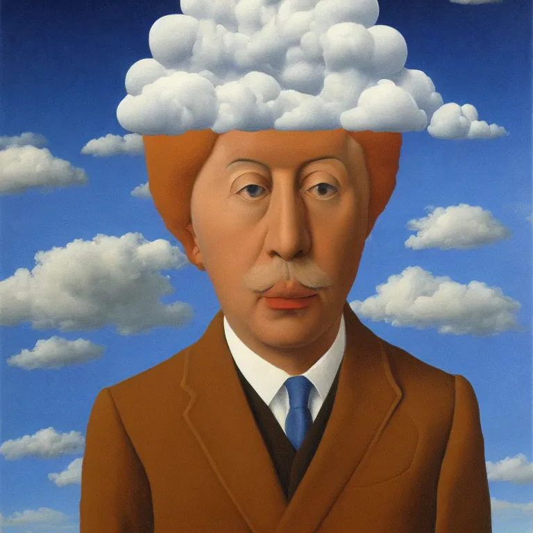 Image similar to portrait of a cloud man by rene magritte, detailed painting, hd, hq, high resolution, high detail, 4 k, 8 k