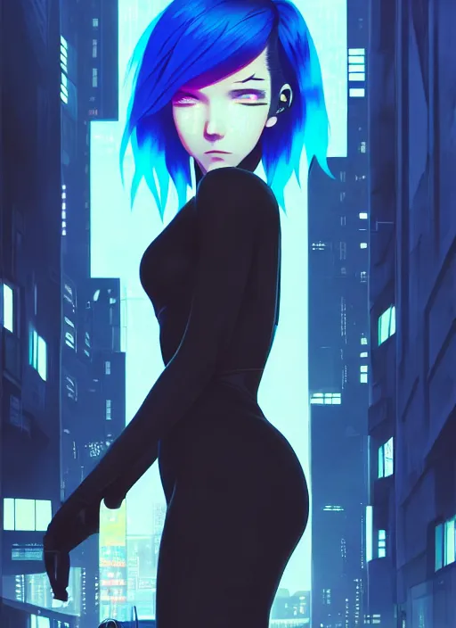 Image similar to hyper realistic photograph portrait of cyberpunk pretty girl with blue hair, wearing a tight black dress, in city street at night, by makoto shinkai, ilya kuvshinov, lois van baarle, rossdraws, basquiat