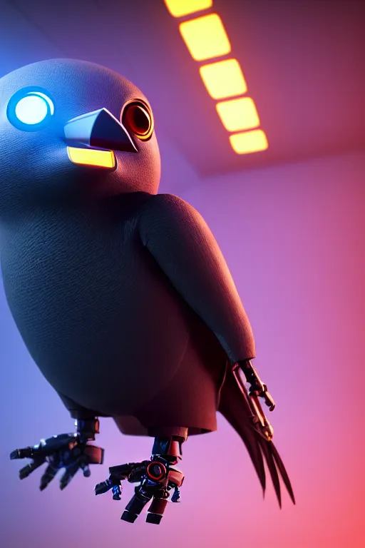 Prompt: high quality 3 d render very cute cyborg crow! next to microphone!, cyberpunk highly detailed, unreal engine cinematic smooth, in the style of blade runner & detective pikachu, hannah yata charlie immer, moody light, low angle, uhd 8 k, sharp focus