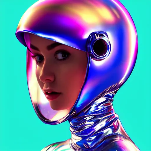 Prompt: a beautiful girl with short hair, her head enveloped by a see-through, iridescent bubble spacesuit helmet, trending on artstation, vibrant colors, highly detailed